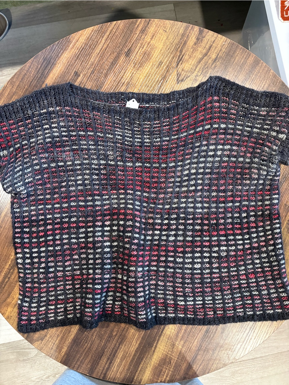 Women’s Crew Neck Open-Knit Sweater in Black with Red Accent